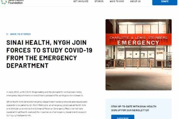 Screenshot of Sinai Health Foundation article 'Sinai Health, NYGH join forces to study COVID-19 from the Emergency Department'