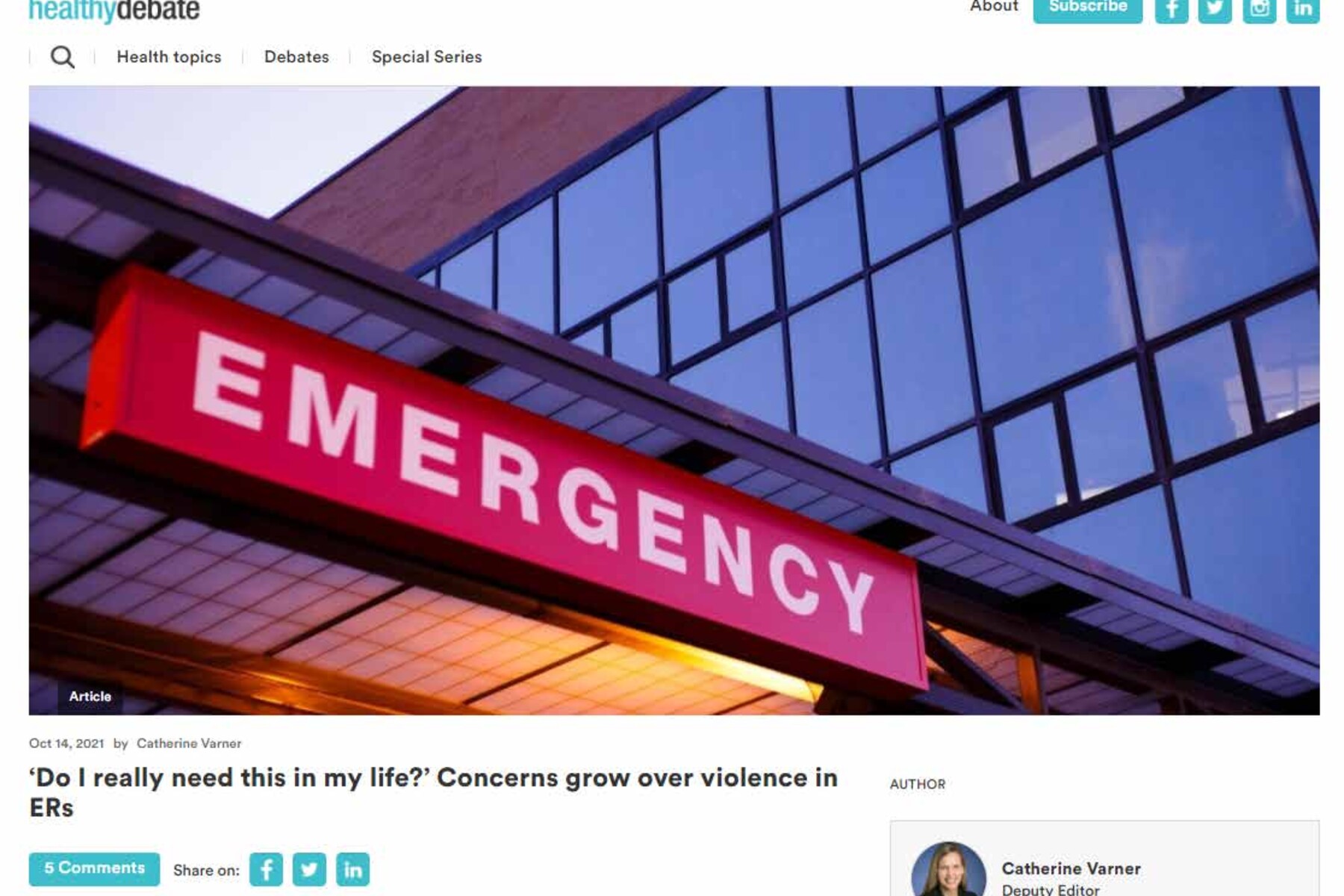 Catherine Varner Healthy Debate article screenshot - 'Do I really need this in my life?' Concerns grow over violence in ERs
