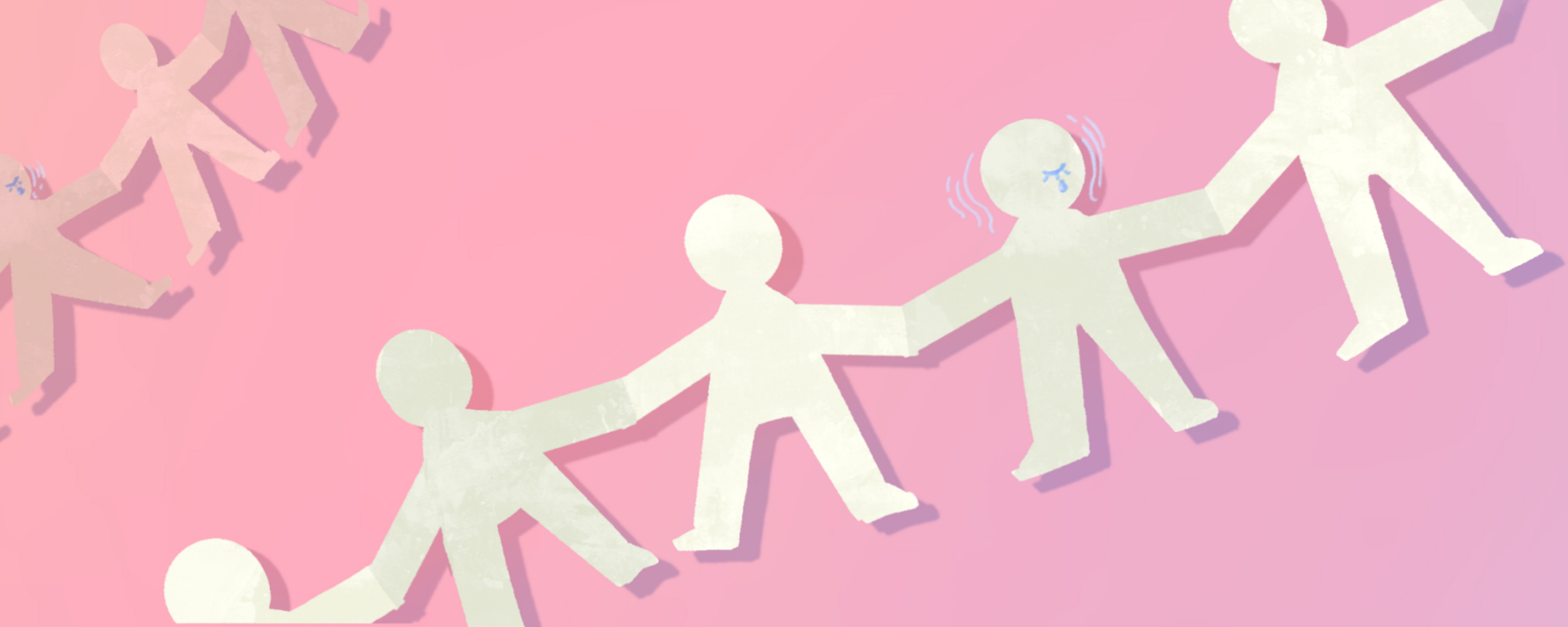 Paper cutouts holding hands across a pink background.